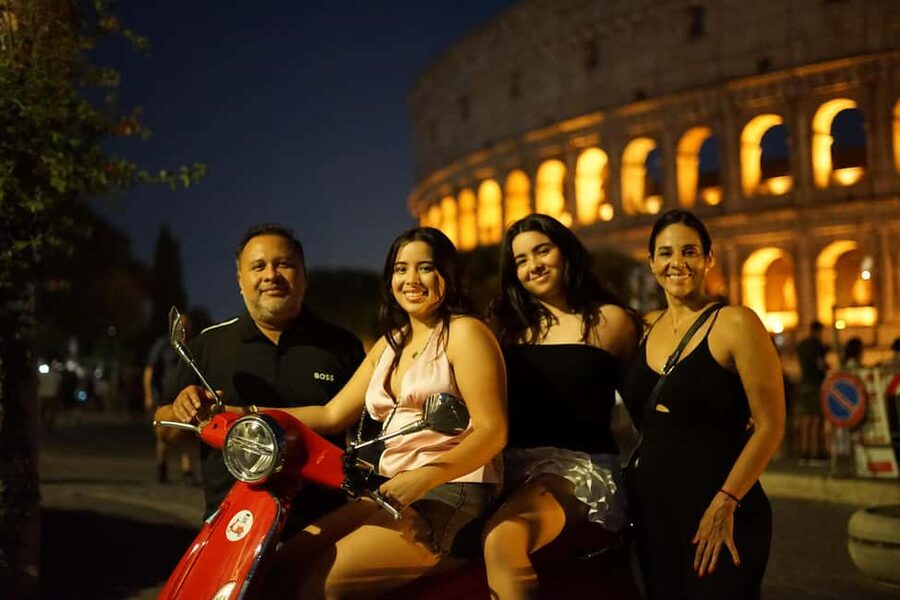 Rome: City Highlights Nighttime Vespa Photoshoot Jouney - Colosseum at night: seeing the icon from a moving viewpoint